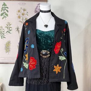 90s Y2k Black Embroidered Velvet Floral Jacket Whimsigoth Witchy Dark Fairy M